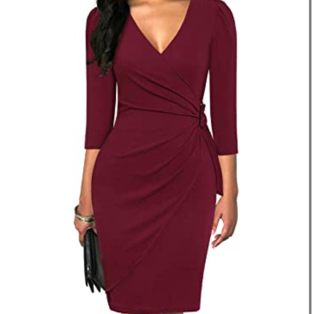 Burgundy Lamilus v-neck knee length wrap dress